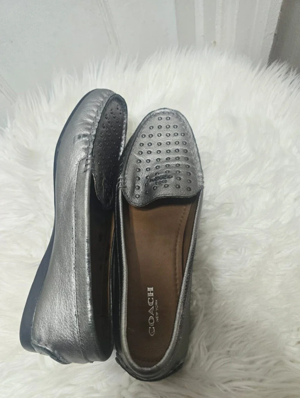 Coach Orlene Metallic Loafers Silver Leather Upper with stud Women's Size 7B